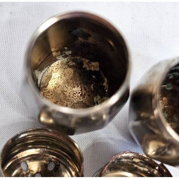 4 Silverplate Mini Salt Pepper Shakers 1.5" Baronial plate vtg rustic style - Picture 10 of 10
